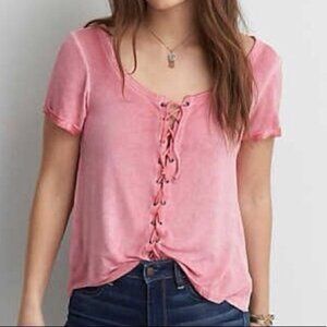 American Eagle Womens Soft & Sexy Top Sz XS Pink Lace Up Front Boho TeeT-shirt